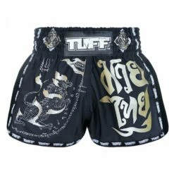 MRS206 TUFF Muay Thai Shorts Retro Style Black Singha Yantra With War Flag