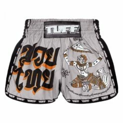 MRS206 TUFF Muay Thai Shorts Retro Style Grey Hanuman Yantra With War Flag