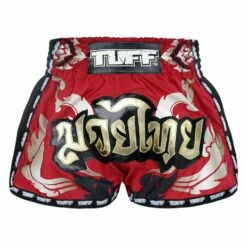 MRS206 TUFF Muay Thai Shorts Retro Style Red Thai Yantra With Muay Thai Text