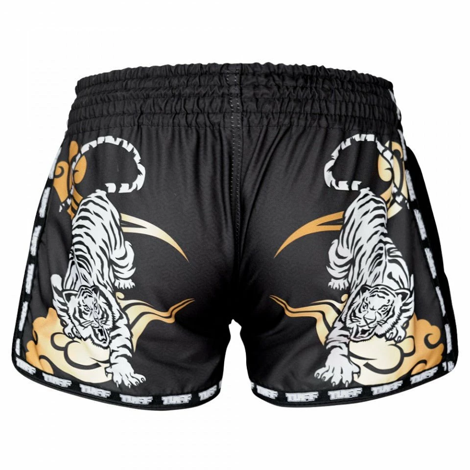 MRS301 TUFF Muay Thai Shorts Retro Style Black Double Tiger With Gold Text - Image 3