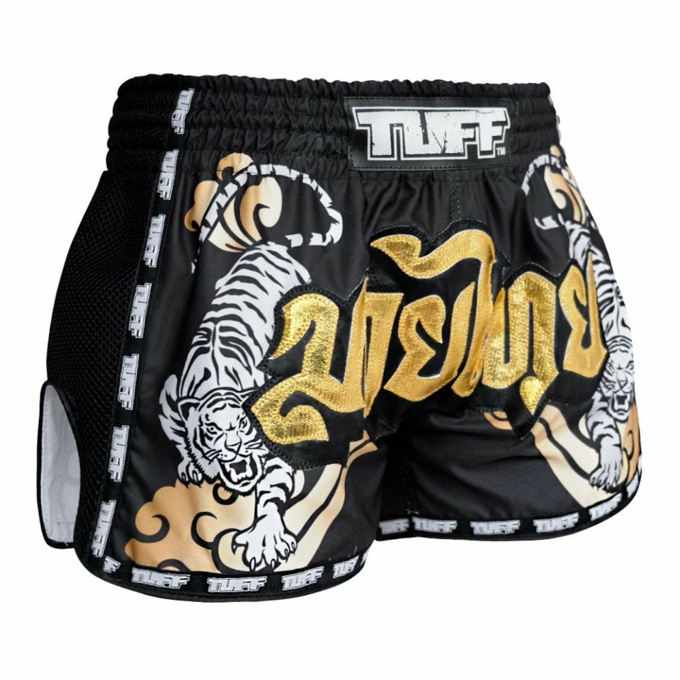 MRS301 TUFF Muay Thai Shorts Retro Style Black Double Tiger With Gold Text - Image 4
