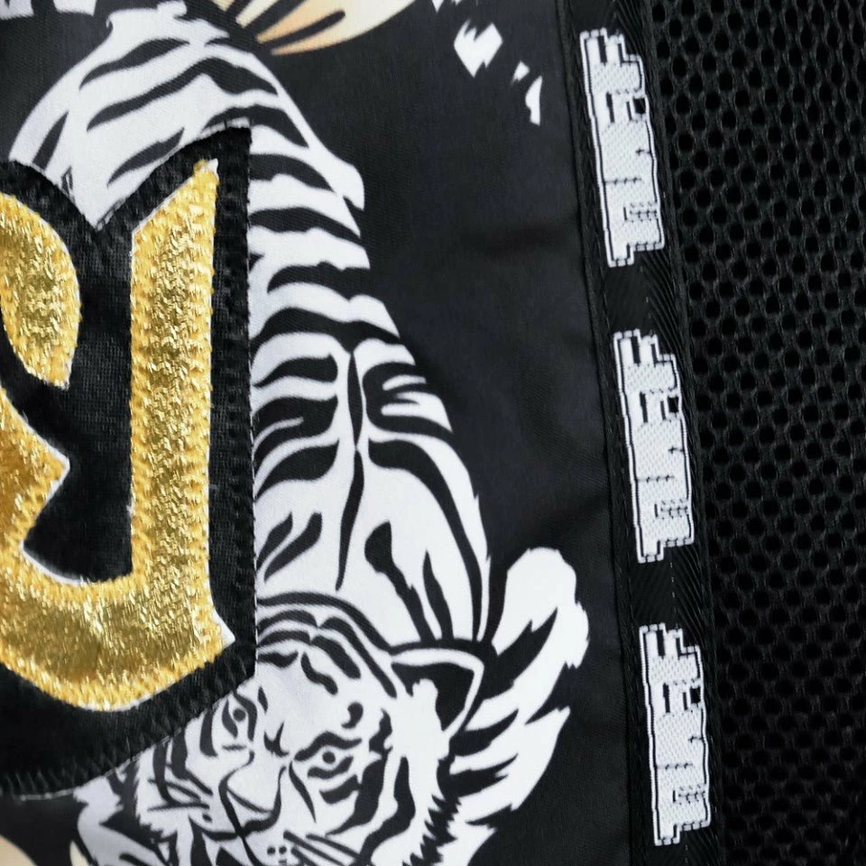 MRS301 TUFF Muay Thai Shorts Retro Style Black Double Tiger With Gold Text - Image 5
