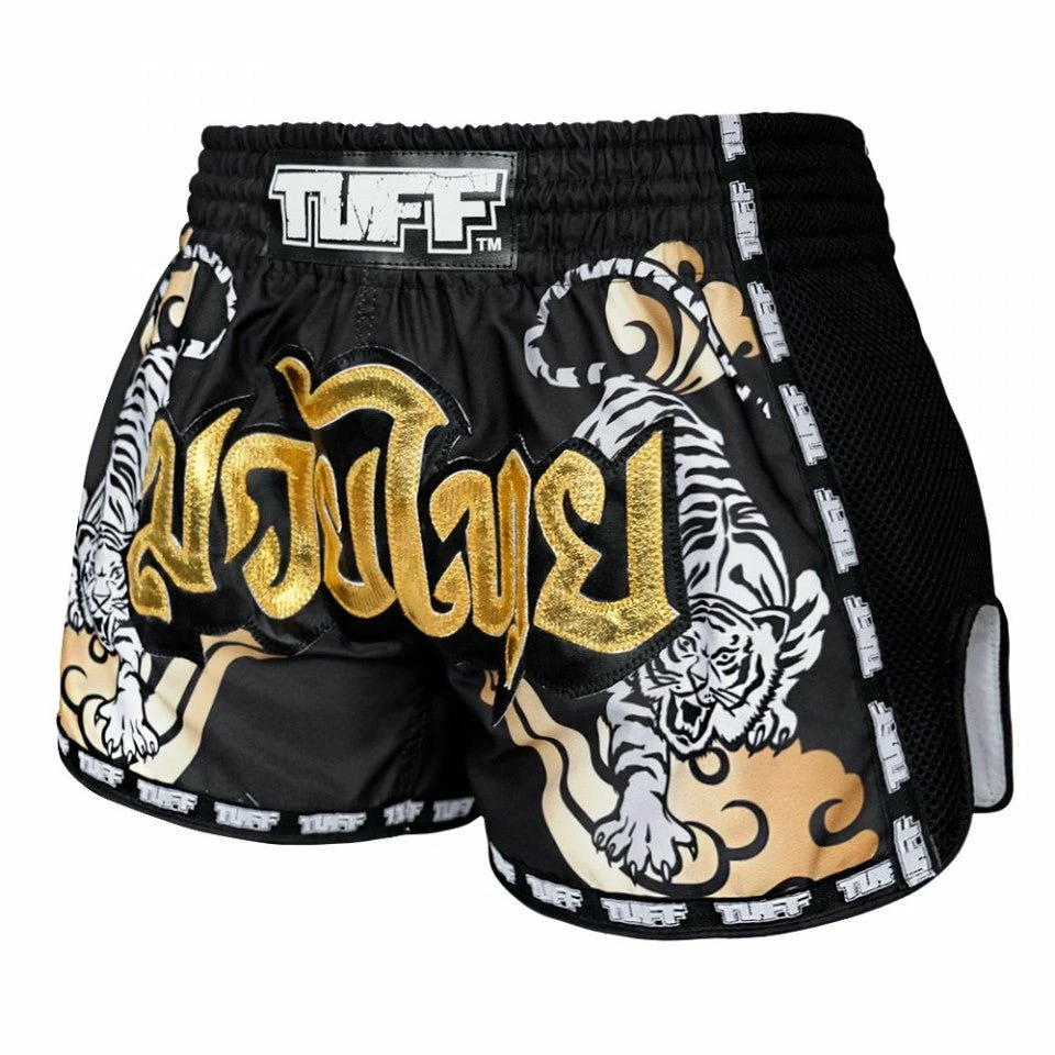 MRS301 TUFF Muay Thai Shorts Retro Style Black Double Tiger With Gold Text - Image 2