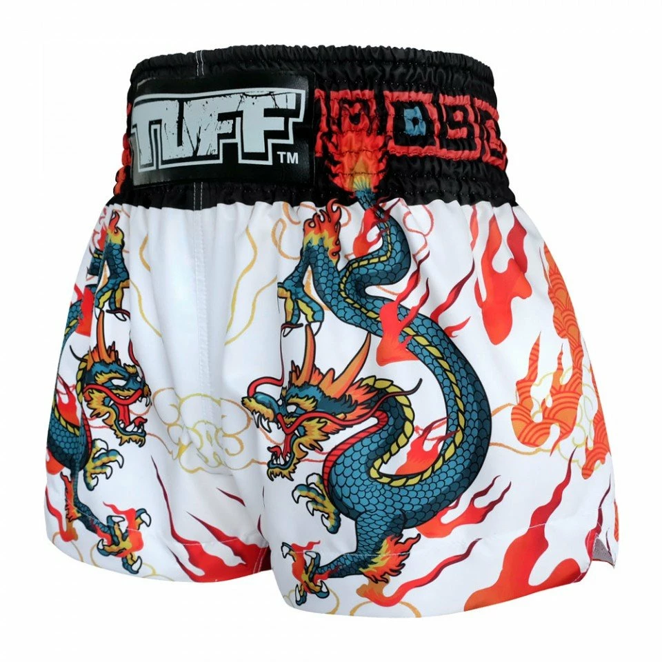 MS622 TUFF Muay Thai Shorts White With Blue Dragon - Image 2