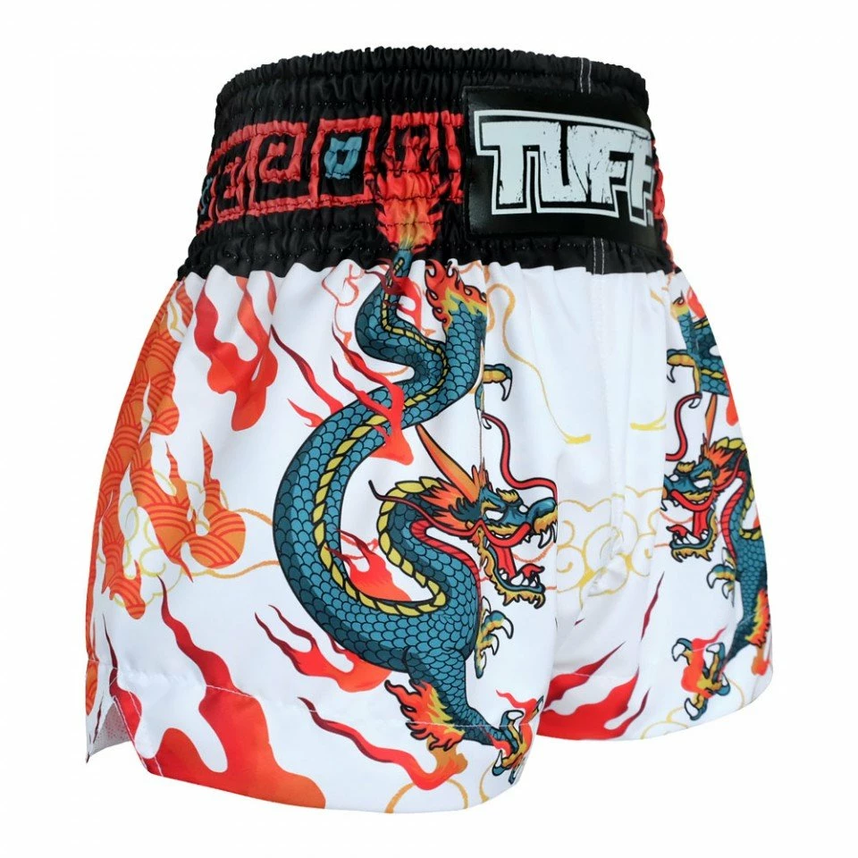 MS622 TUFF Muay Thai Shorts White With Blue Dragon - Image 4
