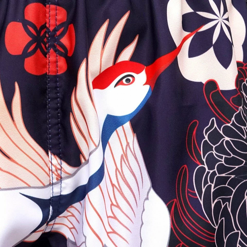 MS639 TUFF Muay Thai Shorts Navy Blue Japanese Drawing Crane Birds - Image 5