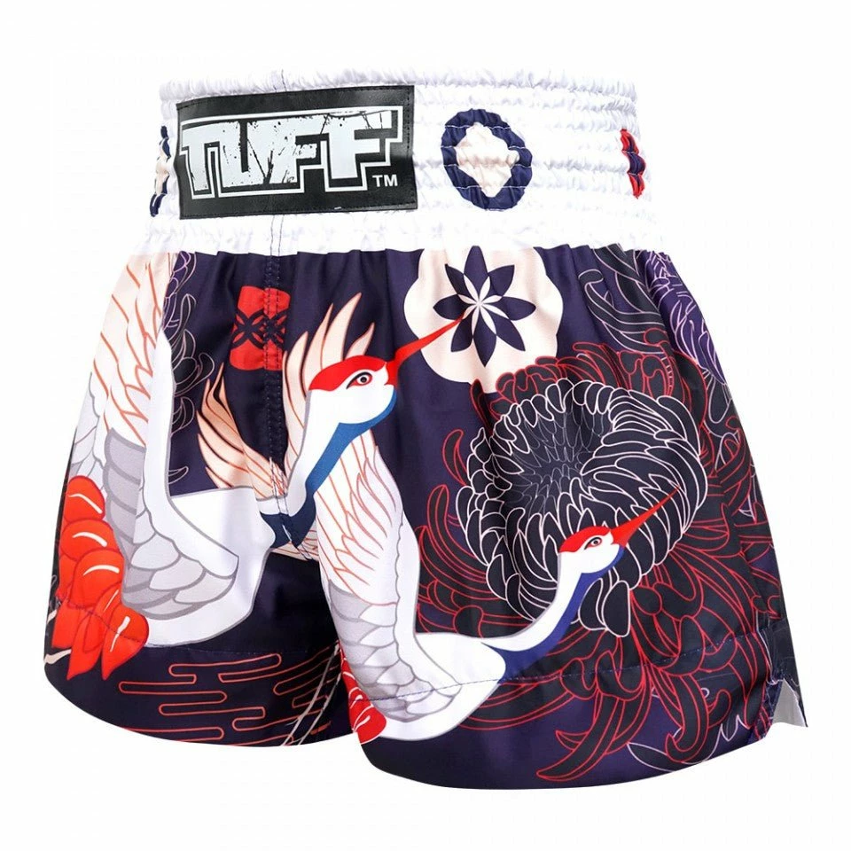 MS639 TUFF Muay Thai Shorts Navy Blue Japanese Drawing Crane Birds - Image 2