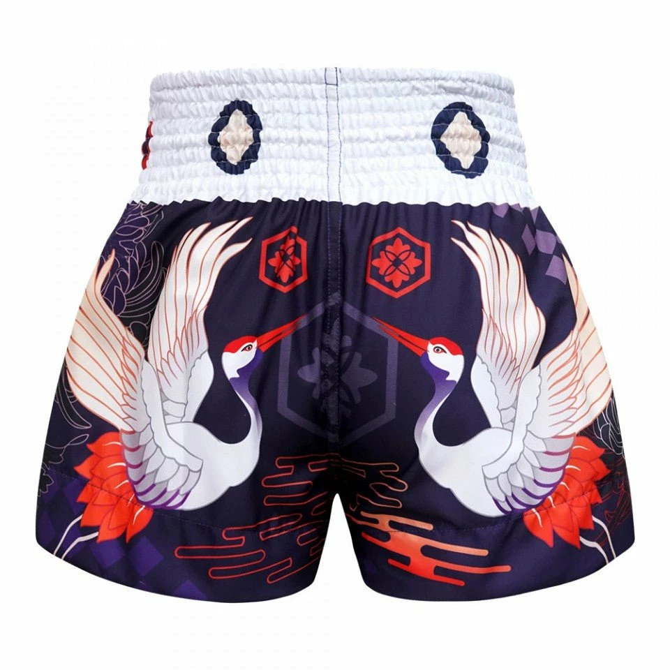 MS639 TUFF Muay Thai Shorts Navy Blue Japanese Drawing Crane Birds - Image 3