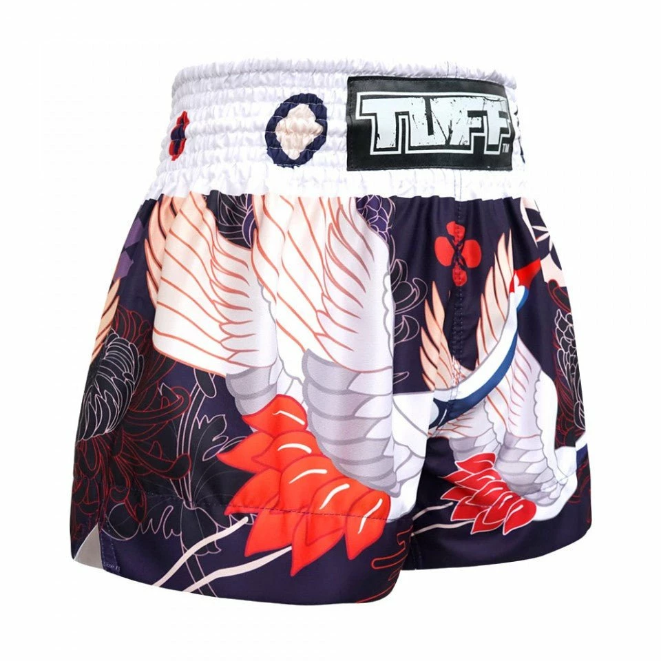 MS639 TUFF Muay Thai Shorts Navy Blue Japanese Drawing Crane Birds - Image 4
