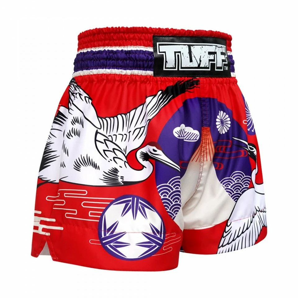 MS639 TUFF Muay Thai Shorts Red Japanese Drawing Crane Birds - Image 4