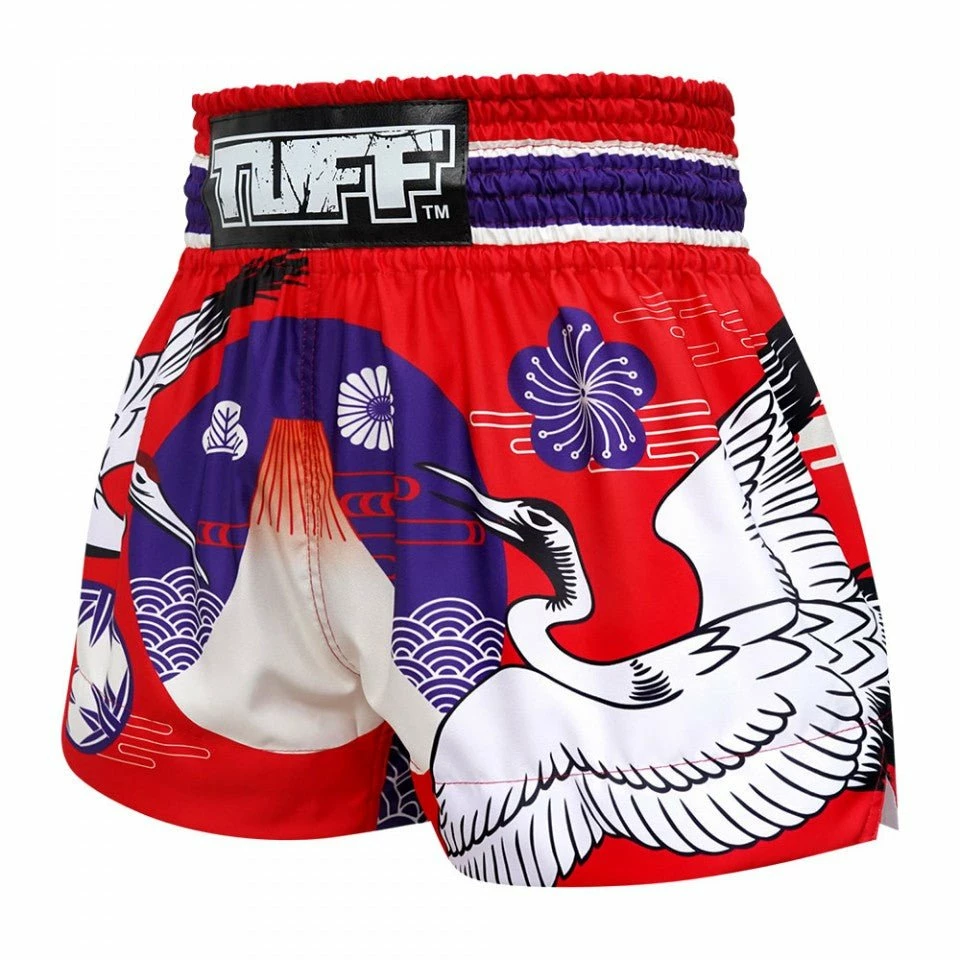 MS639 TUFF Muay Thai Shorts Red Japanese Drawing Crane Birds - Image 2